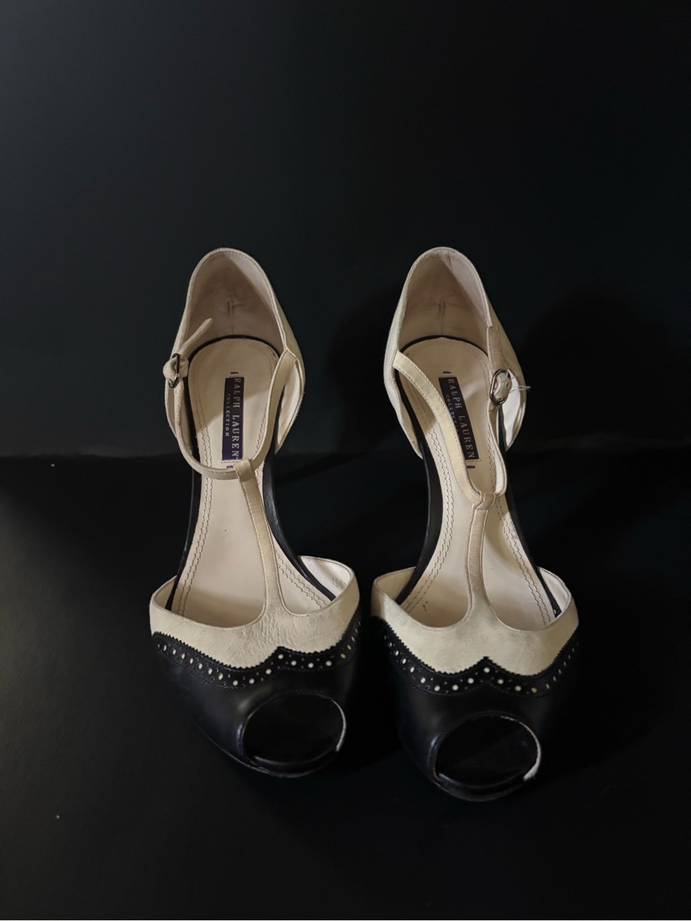 Ralph Lauren Two-Tone Black and Cream Peep-Toe Heels